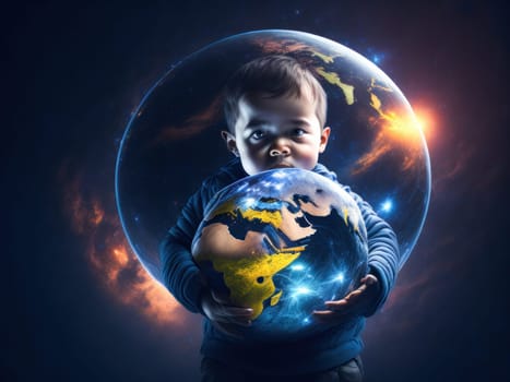 Small child is holding the Earth. Save the planet. Earth Day. Future is in Their Hands. Generative Ai