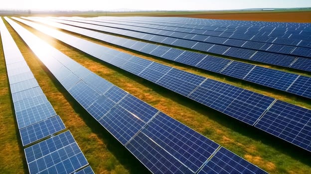 Aerial drone view of large solar panels at a solar farm at bright sunset. Generative Ai