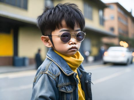 Charming asian boy in yellow sunglasses wearing stylish denim jacket looking at the camera standing on a blurred city background. Hipster boy. Generative Ai