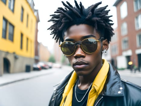 Charming black man in sunglasses wearing stylish leather jacket with yellow scarf looking at the camera standing on a blurred city background. Hipster boy. Generative Ai