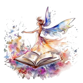 Cute fairy reading book on stack of books, watercolor hand draw illustrartion, can be used for kid poster or card, on transparent background. Ai generative