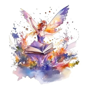 Cute fairy reading book on stack of books, watercolor hand draw illustrartion, can be used for kid poster or card, on transparent background. Ai generative