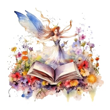 Cute fairy reading book on stack of books, watercolor hand draw illustrartion, can be used for kid poster or card, on transparent background. Ai generative