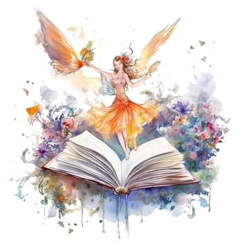 Cute fairy reading book on stack of books, watercolor hand draw illustrartion, can be used for kid poster or card, on transparent background. Ai generative