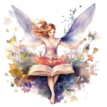 Cute fairy reading book on stack of books, watercolor hand draw illustrartion, can be used for kid poster or card, on transparent background. Ai generative