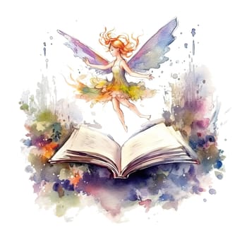 Cute fairy reading book on stack of books, watercolor hand draw illustrartion, can be used for kid poster or card, on transparent background. Ai generative