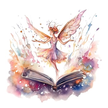 Cute fairy reading book on stack of books, watercolor hand draw illustrartion, can be used for kid poster or card, on transparent background. Ai generative