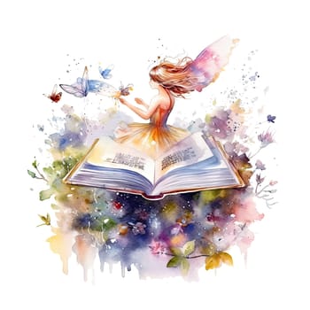 Cute fairy reading book on stack of books, watercolor hand draw illustrartion, can be used for kid poster or card, on transparent background. Ai generative