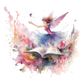 Cute fairy reading book on stack of books, watercolor hand draw illustrartion, can be used for kid poster or card, on transparent background. Ai generative