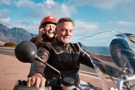 Travel, love and senior couple with motorbike, retirement and happiness for vacation, excited and cheerful. Freedom, old man and happy mature woman with motorcycle, transportation and quality time.