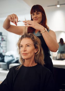 Woman, hair and salon for haircut with hairdresser for beauty, style or makeover. Customer, beautician and cosmetics for professional hair care, service or fashion in studio, spa or shop in Toronto.