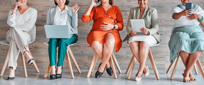 Recruitment, waiting room and professional women on technology, job search opportunity and career inclusion. Diversity, equality and business people on laptop, phone and tablet for Human Resources.