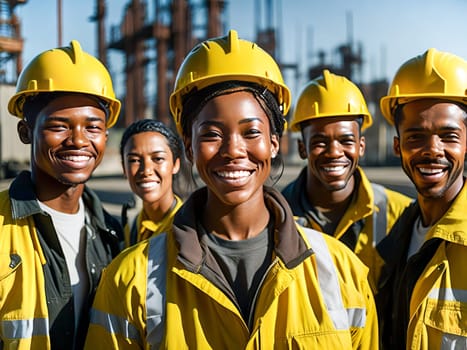 Group of Professional African American Heavy Industry Engineer Workers Wearing Uniform and Hard Hat in Factory. Generative Ai