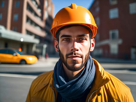 Portrait of construction worker with safety helmet on head in vest standing at construction site and looking at camera. Generative Ai