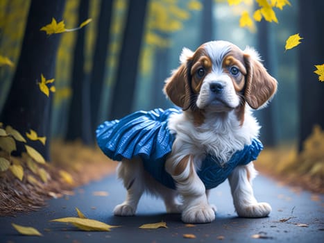 Cute cocker spaniel puppy wearing blue dress in the forest. Dog vacation relax concept. Hiking. Generative Ai
