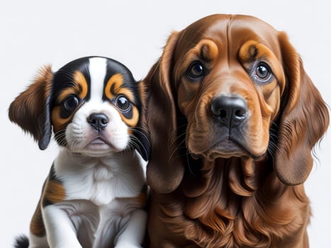 Two cute cocker spaniel puppies on white background. Mom dog and puppy. Generative Ai