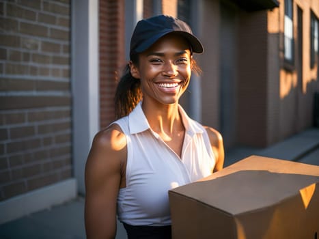 Portrait of Happy African American delivery woman holding a box package outside. Delivery Concept. Generative Ai