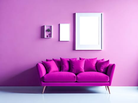 Blank frame mockup for artwork or print on pink wall with magenta couch, copy space. Interior design. Generative Ai