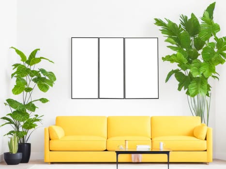 Three frames mockup for artwork or print on white wall with yellow couch eucalyptus green plants in vase, copy space. Interior design. Generative Ai