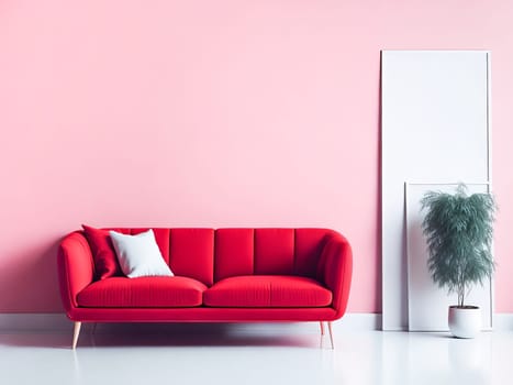 Blank frame mockup for artwork or print on pastel pink wall with red couch, copy space. Interior design. Generative Ai
