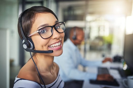 Call center, customer service and portrait of woman with smile for consulting, help and advice. Telemarketing, communication and female consultant for contact, crm support and networking in office.