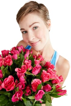 Woman, face and rose bouquet in portrait, Valentines day gift and love, nature zoom isolated on white background. Smile, beauty and happy, romance and celebrate holiday or anniversary in studio.