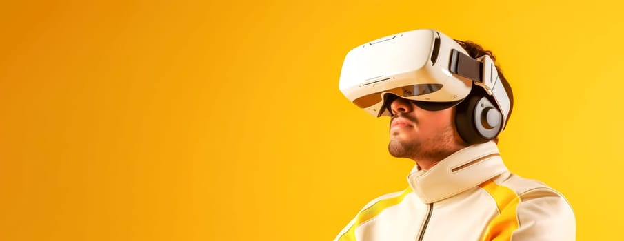 a man in a VR headset watches virtual reality, yellow banner with copy space, made with Generative AI. High quality illustration