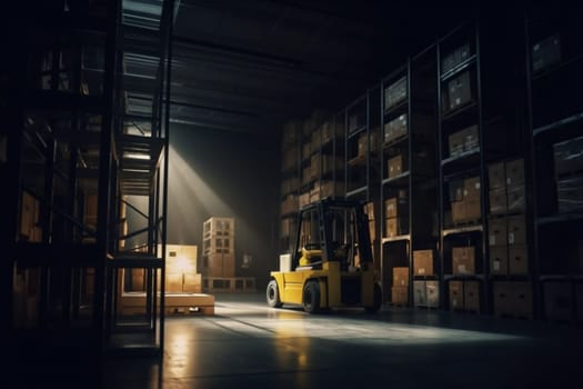 factory equipment forklift cargo transportation warehouse logistic handling distribution facility machine industry crate box sun stockpile industrial delivery storage loader. Generative AI.