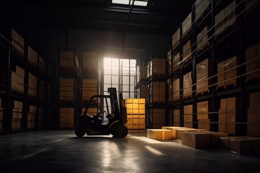 shipping sun pallet logistic forklift loading vehicle distribution unloading moving storage facility transportation warehouse cardboard box operator storehouse cargo delivery. Generative AI.