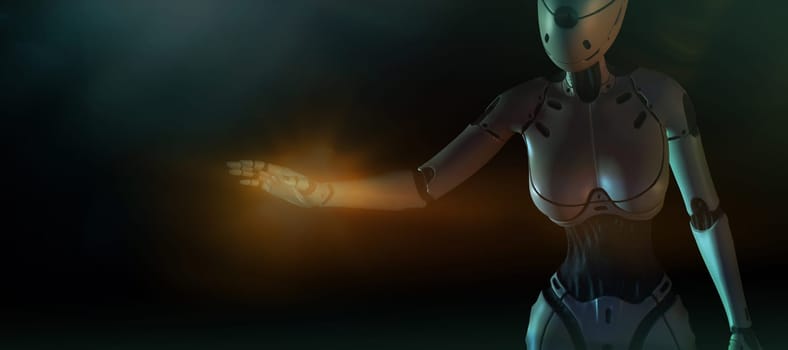 On a dark background, a cyborg stretches out her hand to work with an invisible object.
