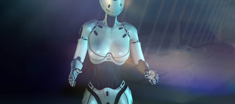 Female robot holding her hands in front of her, touching something invisible.