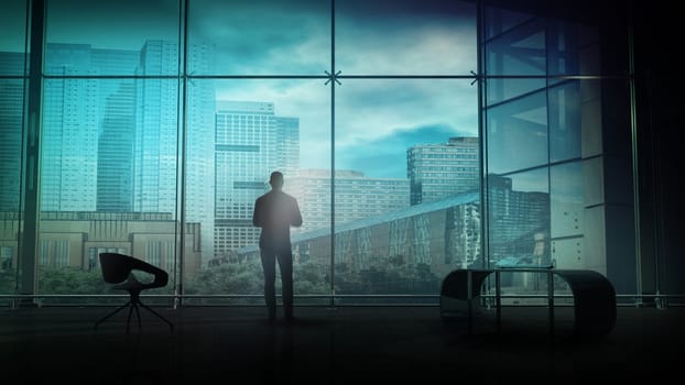 In a spacious office, against the window, a silhouette of a businessman standing and looking into the distance. 3D render.