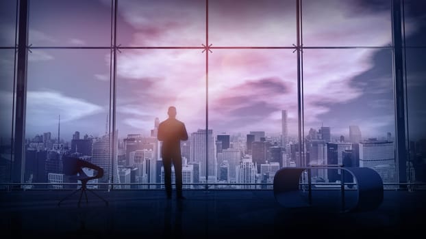 A silhouette of a businessman standing against an office window with a view of city buildings. 3D render.