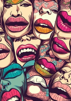 sexy woman glossy valentine beautiful collage isolated halftone lips face lipstick mouth art template female pop illustration poster abstract make-up kiss. Generative AI.