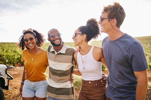 Summer, adventure and portrait of friends in nature on holiday, enjoying roadtrip. Vacation, freedom and young multicultural group smiling in countryside. Travel, explore and happy people on journey.