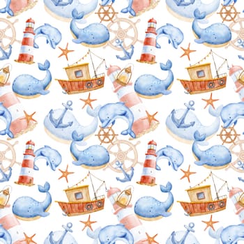 Cute watercolor nautical seamless pattern with sea animals characters and boat. Funny ocean background for kids