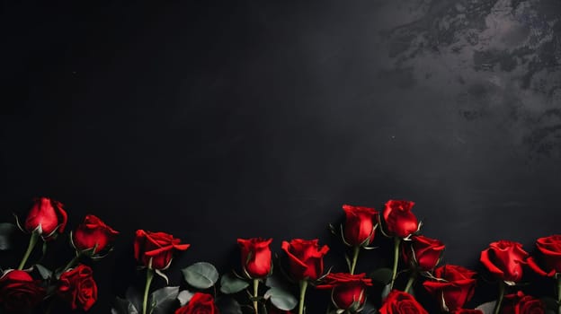 Red rose bouquet on dark banner. Roses on valentine day copy space for text. Black flowers background. banner