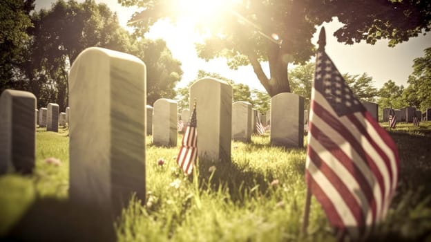 US Flag at Military Cemetery on Veterans Day or Memorial Day. Concept National holidays, Flag Day, Veterans Day, Memorial Day, Independence Day, Patriot Day. Generative AI