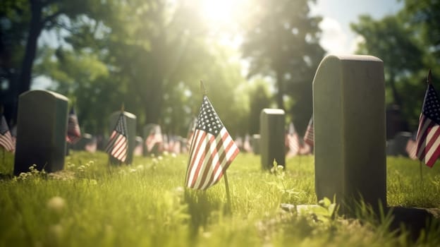 US Flag at Military Cemetery on Veterans Day or Memorial Day. Concept National holidays, Flag Day, Veterans Day, Memorial Day, Independence Day, Patriot Day. Generative AI