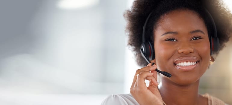 Black woman, call center and portrait smile on mockup with headset in telemarketing, customer service or support. Happy African American female consultant or agent face with mic in contact us sales.