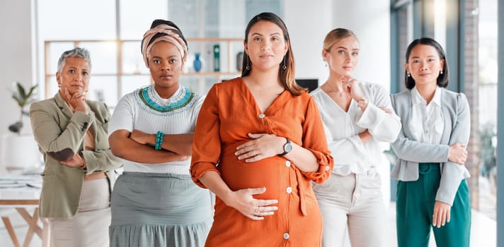 Portrait, pregnant and women in office, business and team with confidence, support and sisterhood. Face, female employees and coworkers in workplace, pregnant and diversity in company and startup.
