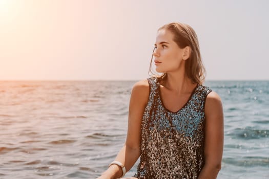 Woman travel sea. Young Happy woman in a long red dress posing on a beach near the sea on background of volcanic rocks, like in Iceland, sharing travel adventure journey