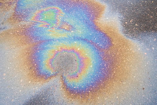 Oil stains on wet asphalt. The concept of environmental pollution, oil spills and environmental problems.