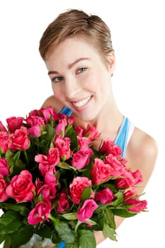 Woman, happy and rose bouquet in portrait, Valentines day gift and love, nature zoom isolated on white background. Face, beauty and smile, romance and celebrate holiday or anniversary in studio.