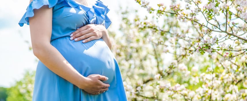 Pregnant woman in the garden of flowering apple trees. Selective focus. Nature.