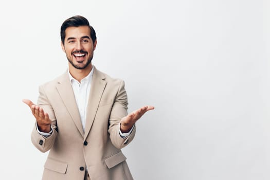 man business model eyeglass beige businessman hand formal idea person arm beard successful winner victory work professional suit office smiling happy