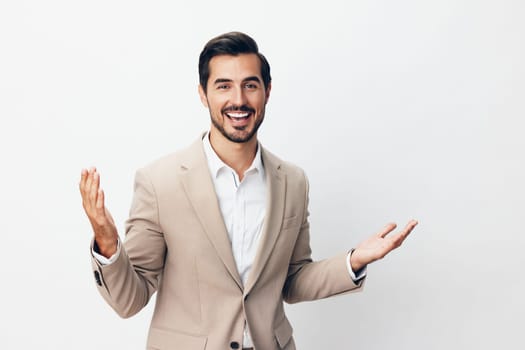 tie man up hand job isolated beige suit successful confident success cheerful businessman model arm winner standing happy business victory shirt