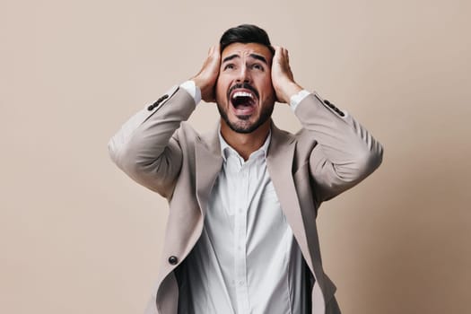 man shout screaming boss trouble mouth portrait crazy style successful expression work business suit tuxedo pleads emotion background angry businessman sad open