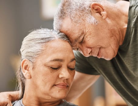 Love, support and senior couple hugging, bonding and spending quality time together at their home. Affection, romance and elderly man and woman in retirement embracing with care at their house