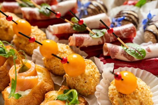Catering service. Set of beautiful canapes. Buffet table. Shallow depth of view